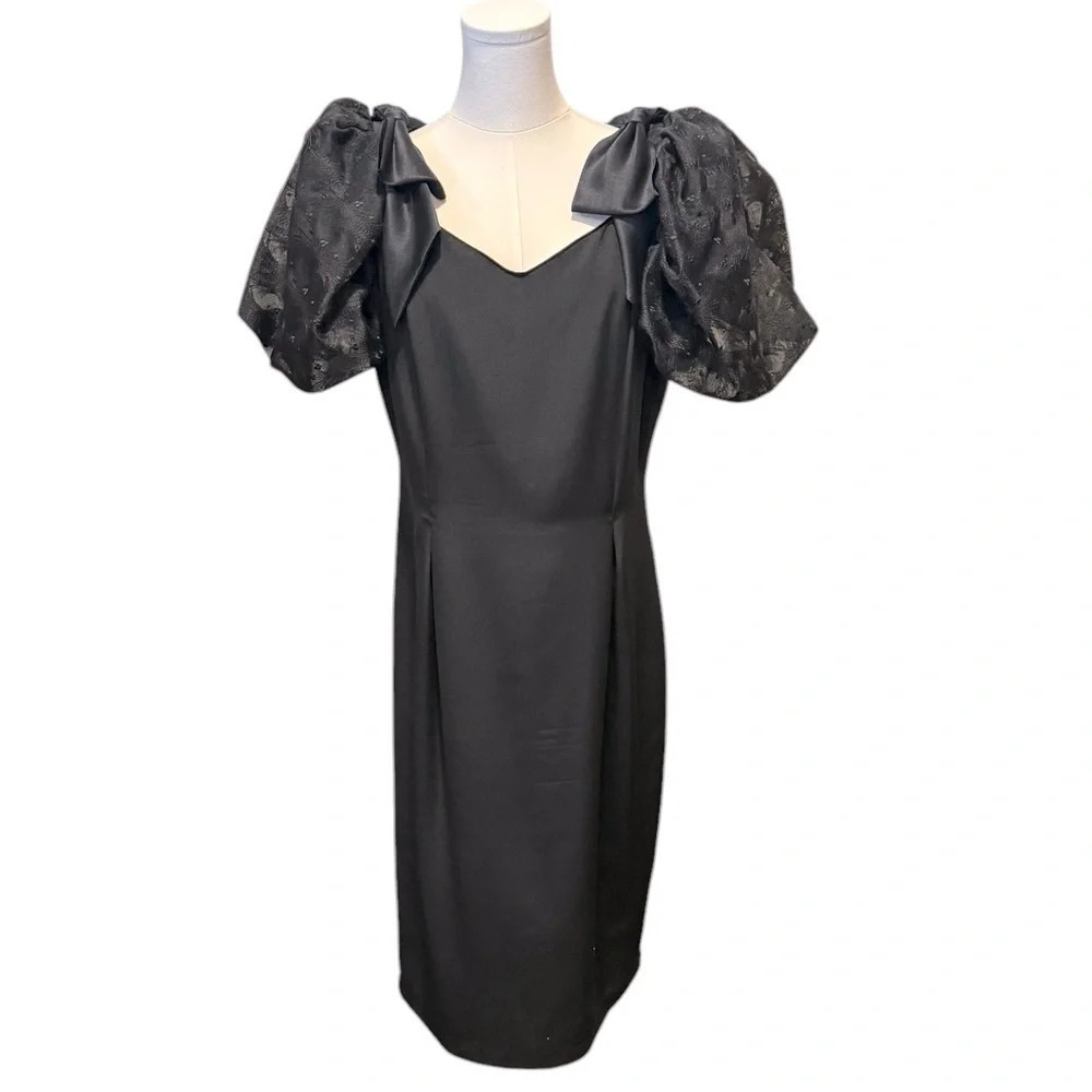 VTG 80s 90s Whimsigoth Puff Sleeve Bow Accents Black Formal Dress Womens Medium - Picture 3 of 12